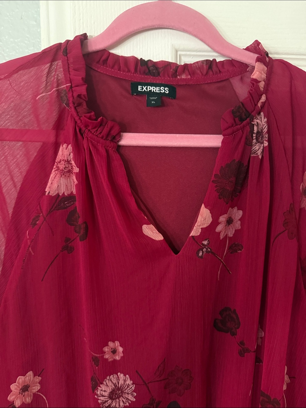 Express Burgundy Floral Tiered Chiffon Dress - Picture 2 of 4